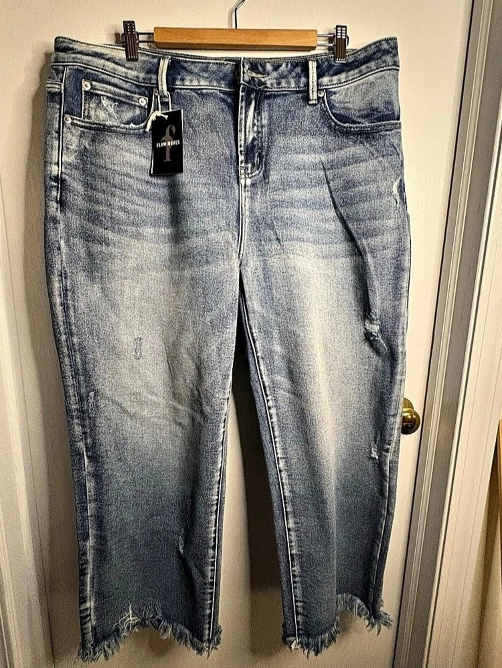 Flamingals NWT Sz 3XL Wide Leg Denim Jeans Raw Hem Distressing Boho Festival